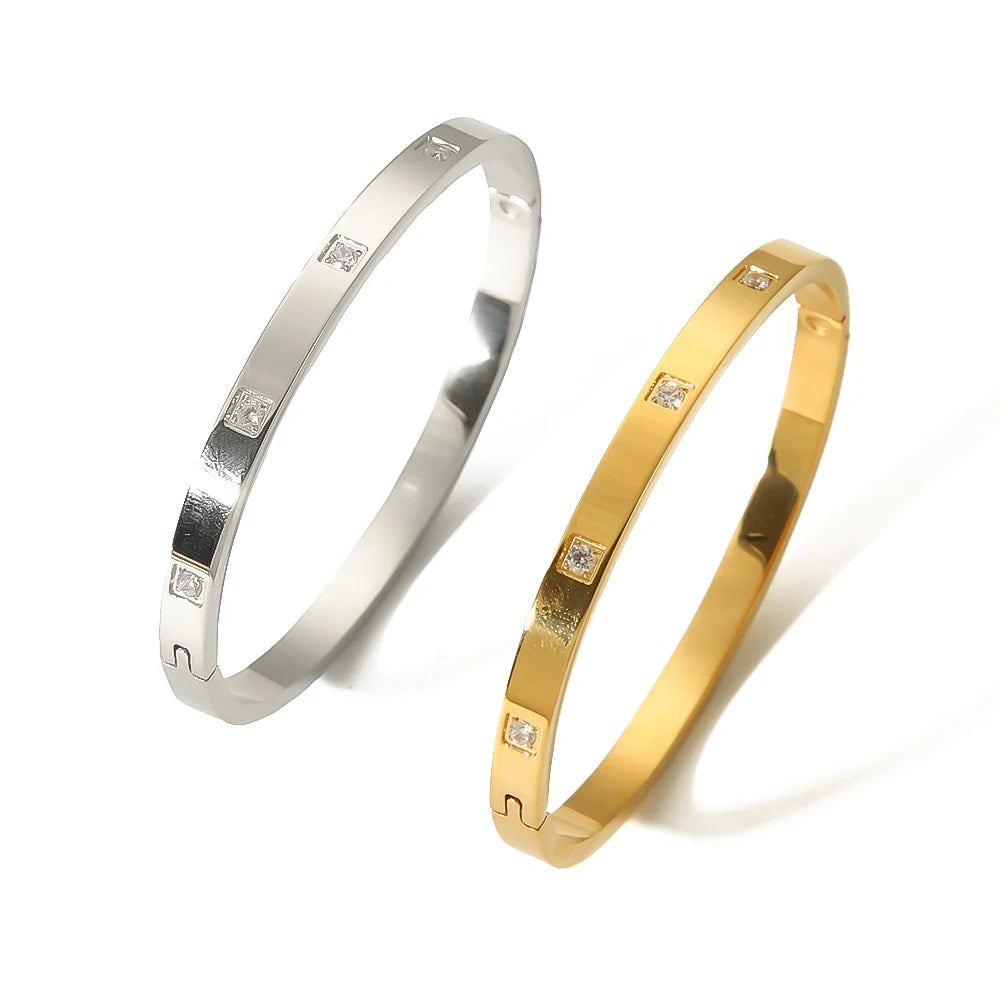 Wholesale Stainless Steel Gold Plated White Zircon Paved Curved Stackable Cuff Bangles for Girl Gift