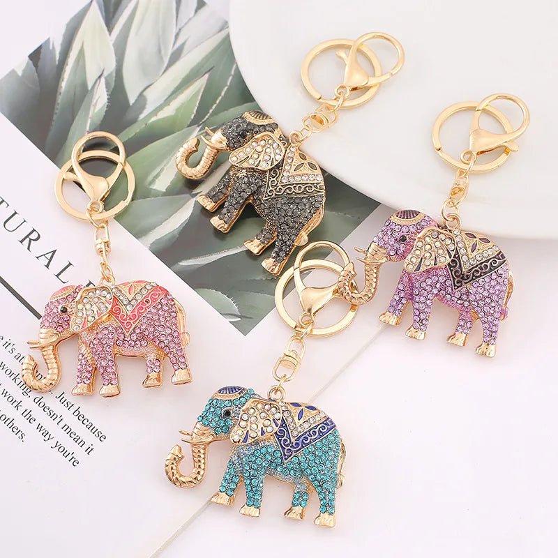 Elephant Rhinestone Keychain Metal Diamond Carved Key Chain Bag Car Pendant Exquisite Gift Phone Accessories Key Chain