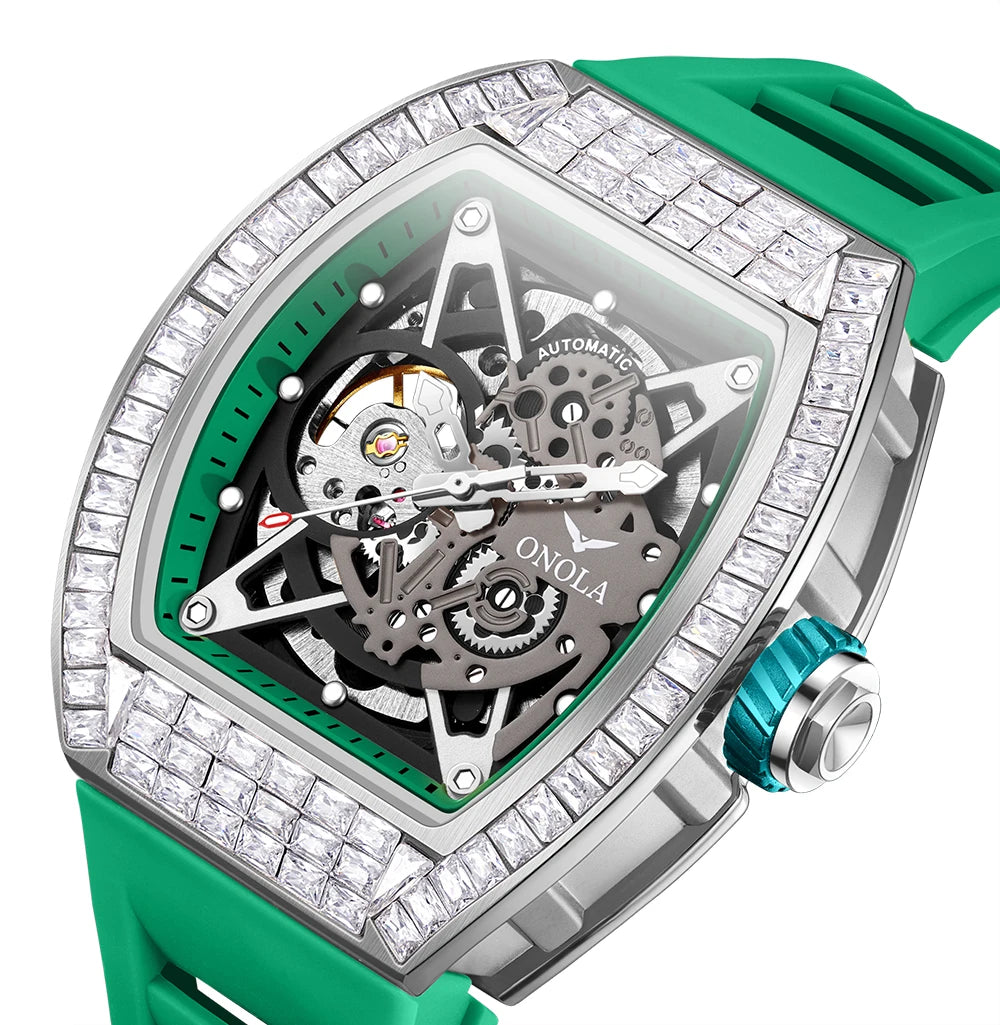 ONOLA New Fashion Square Diamond Silicone Waterproof Watch Men's Top Grade Hollow Out Fully Automatic Mechanical Luxury Watch