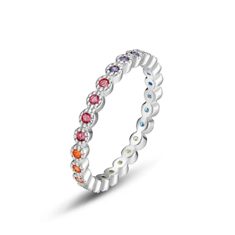 Hot Selling Silver 925 Fashion Jewelry Color Ring for Women Full Round Shape Colorful CZ Rainbow Ring Zircon Ladies Rings