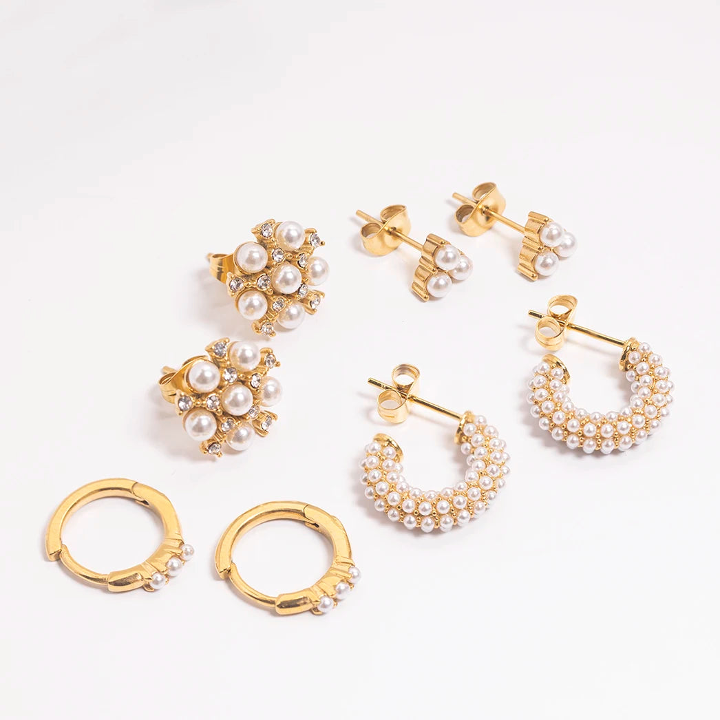 Powell Hypoallergenic Gold Plated Pendientes Hoop Earrings High End Vintage Stainless Steel Baroque Pearl Drop Earrings