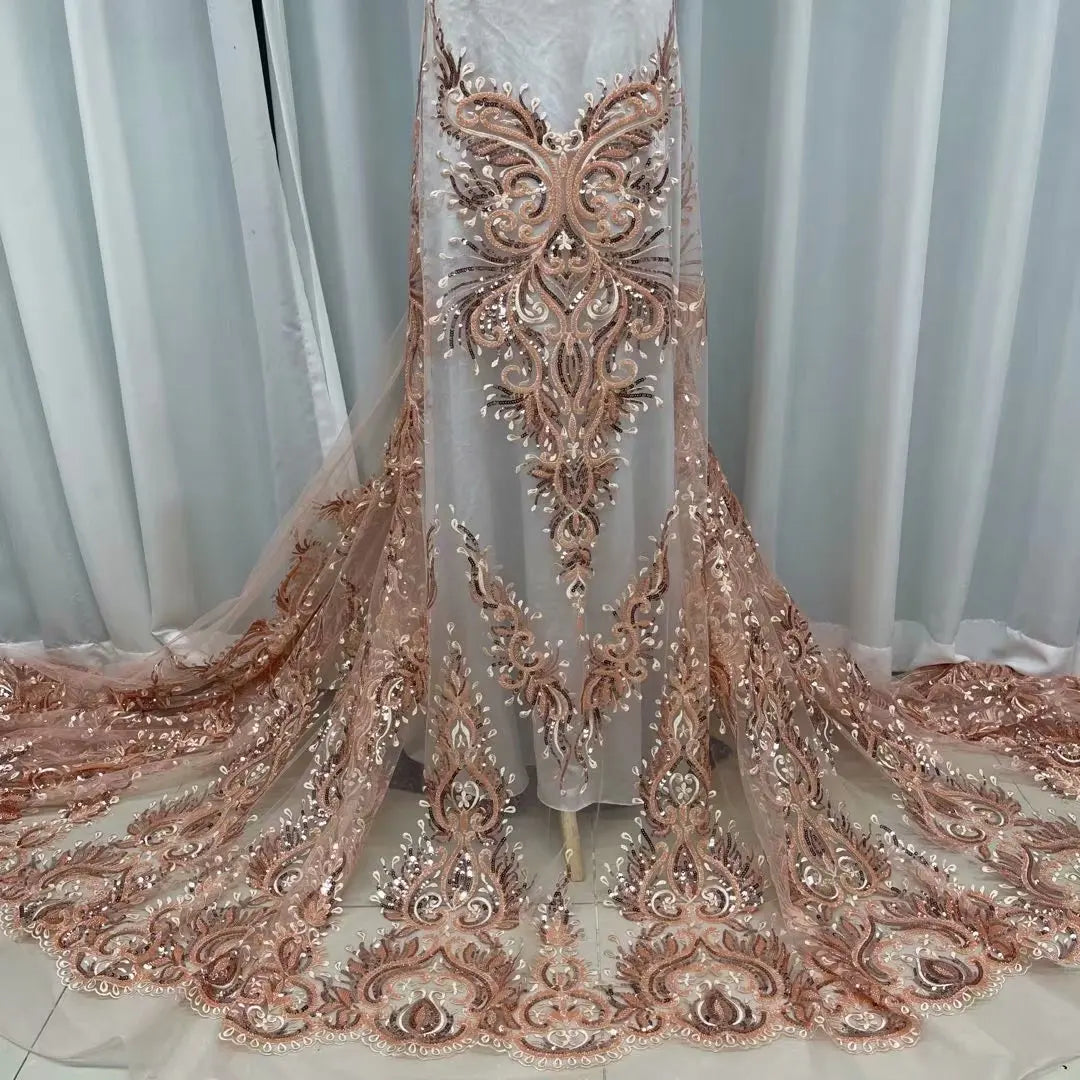 Wholesale Embroidery Heavy Bead Fabric Lace Mesh Embroidery Fabric Evening Dress Fashion Bead Tube Embroidered Lace JX2732
