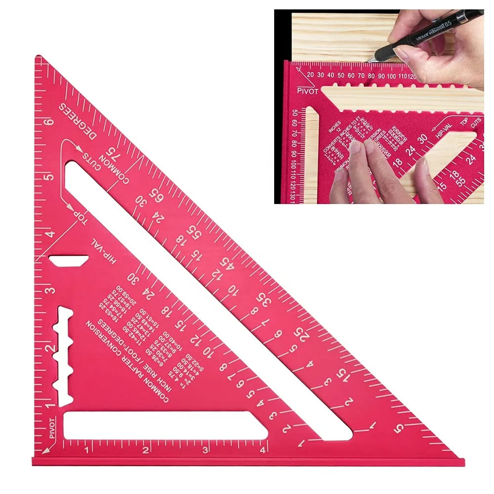 New Color PINK Multi-Function 7/12 Inch Metric/Inch Double System Aluminum Alloy Triangular Scale Ruler for Carpenter