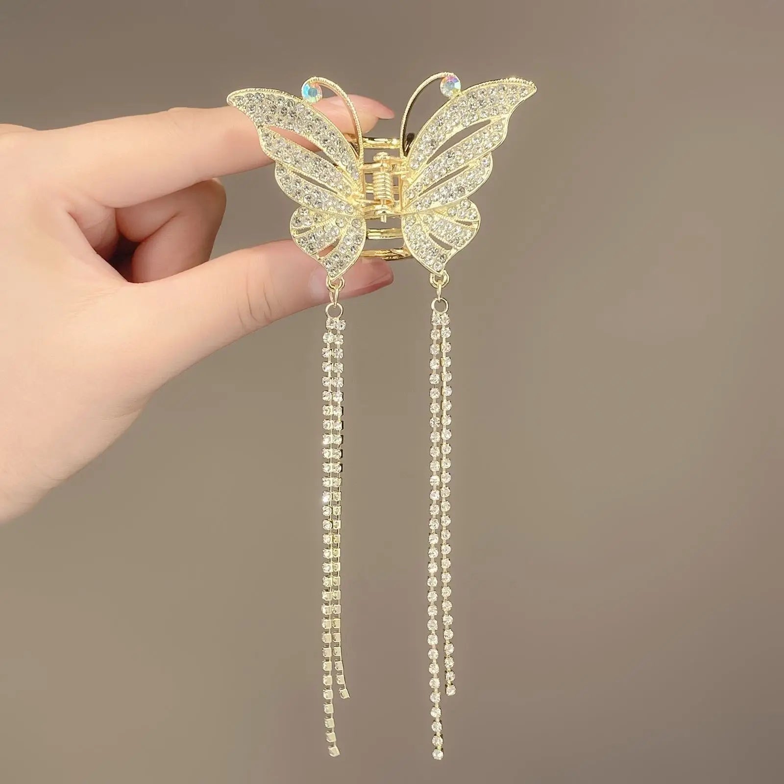 Fashion Metal Hairpin with Shark Clip Rhinestone Butterfly Tassel Back Head Ornament Claw Catch Hair Catcher