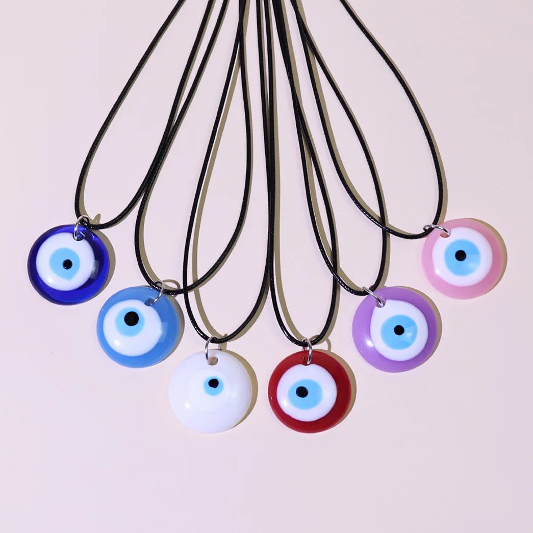 Popular Colorful Turkish Eyes Wax Rope Amulet Pendant Necklace 30mm Round Blue Turkish Resin Leather Rope Nazar Necklace