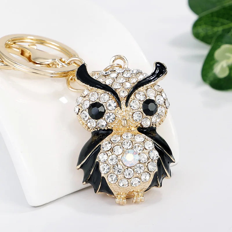Fashionable Gold-Plated Metal & Crystal Owl Keychain Pink & Red Enamel with Rhinestones Made of Zinc Alloy for Gift