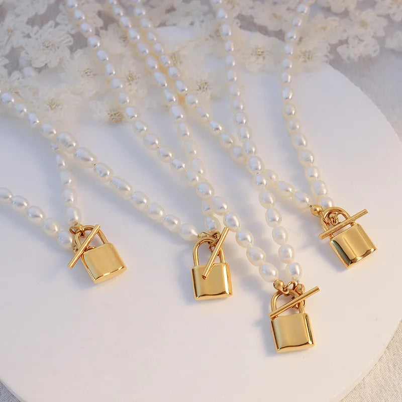 Joolim Jewelry 18K Gold Plated Padlock Pendant Freshwater Pearl Toggle Necklace Trendy Wholesale Necklaces Stainless Steel