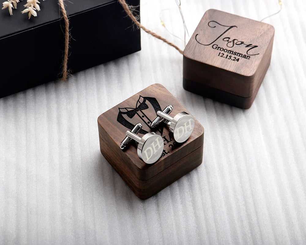 Lateefah Valentine's Day Gift for Man Custom Box Letter Stainless Steel Tie Clip Wooden Cufflinks