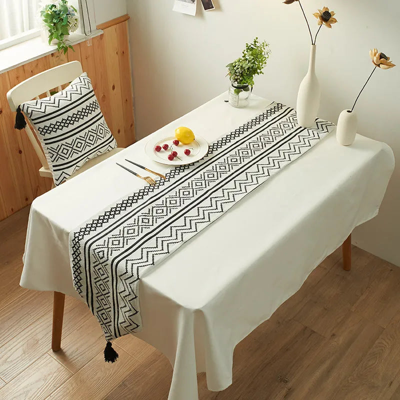 Double-Layer Chenille Table Runner Geometric Lines Tassel Simple Nordic Fresh Printed Design Good for Home Use Table Towel Stock