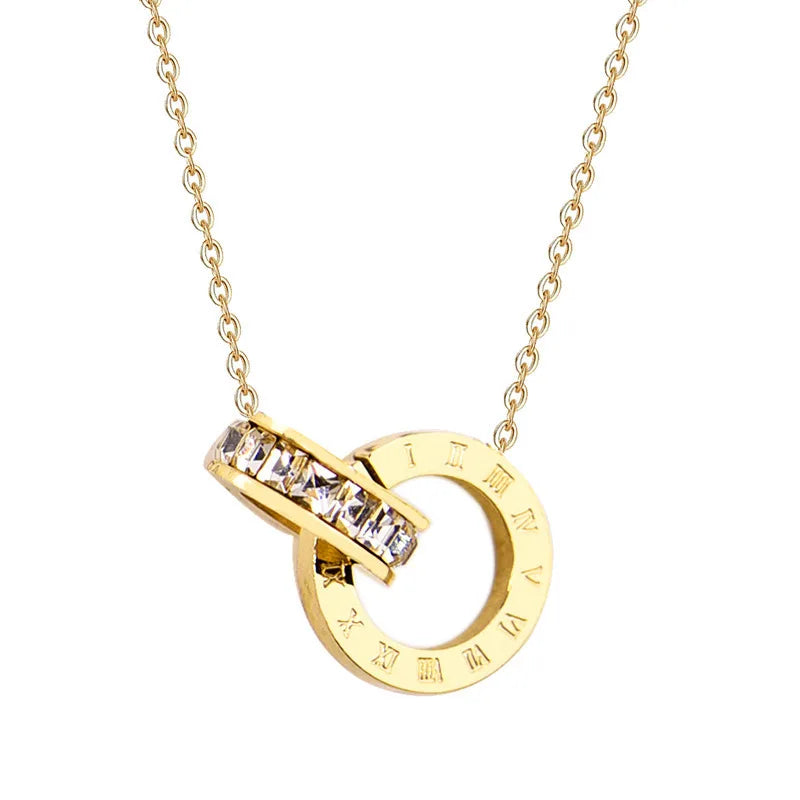 AA00583 Double-Ring Necklace Women'S Titanium Steel Necklace With Diamond Roman Numeral Circle Necklace