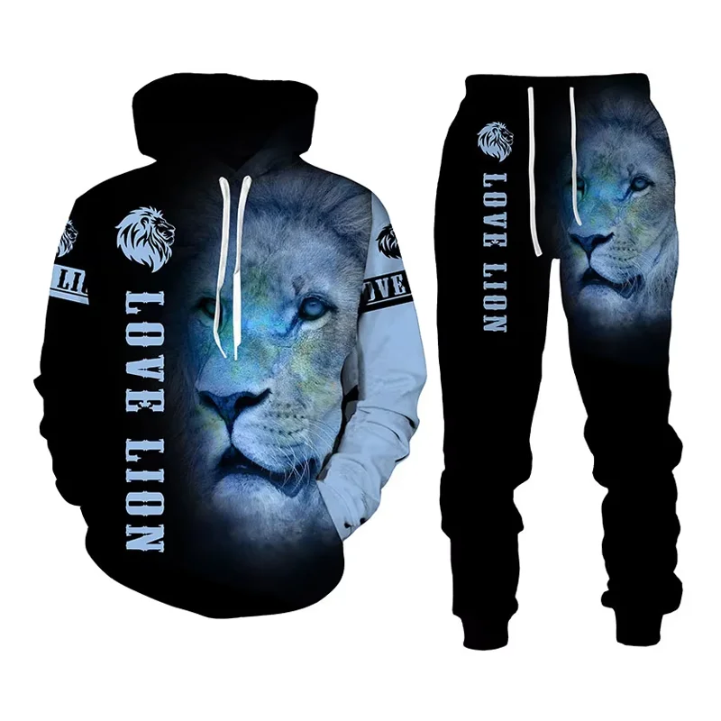 Lion King 3D Printed Men's Casual Sportswear Unisex Two-Piece Hoodie Suit Cool Animal Pattern Jacket Pants Stylish Tracksuit