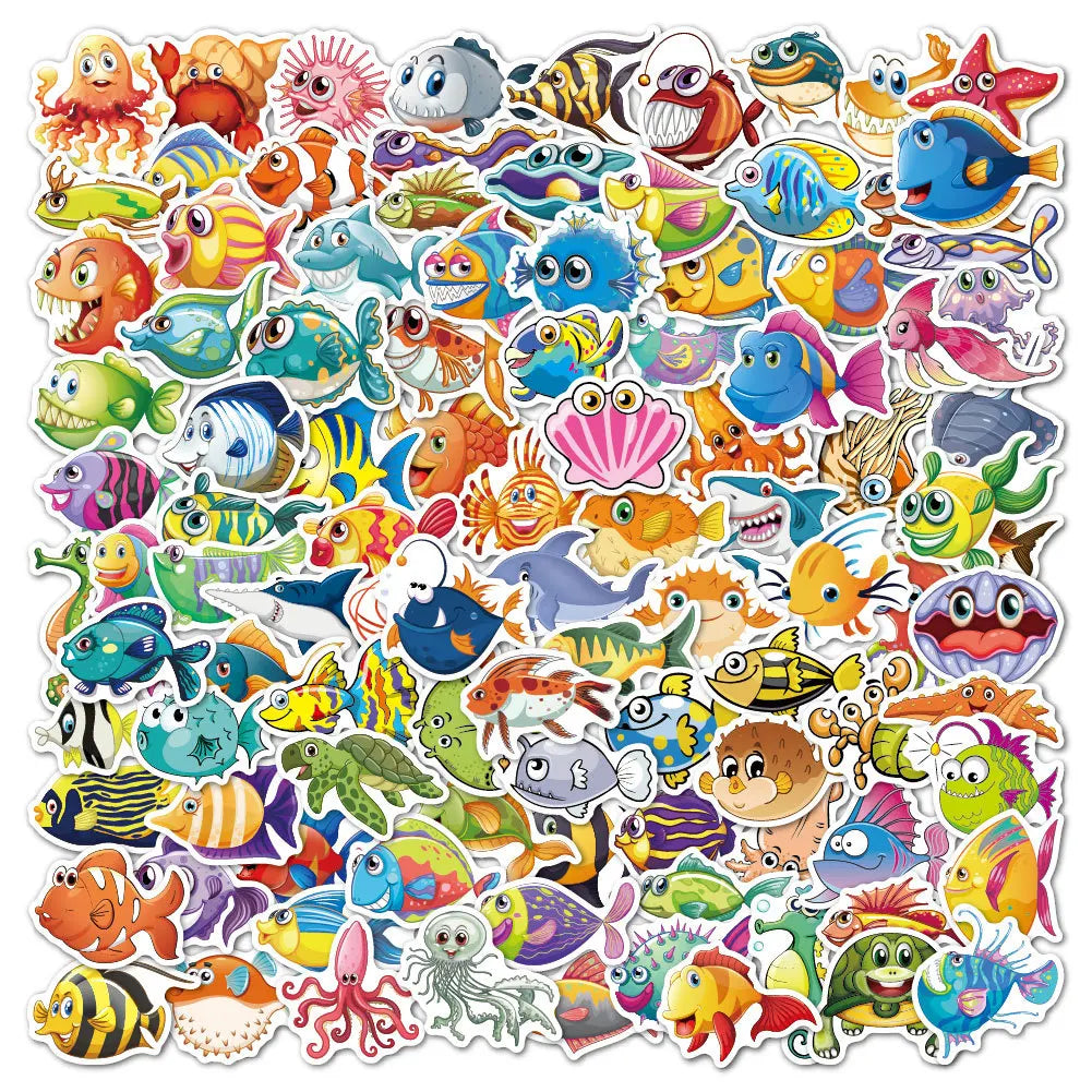 100Pcs No Repeating Cartoon Animal Cute Decorative Stickers for Kid Notebook Wall Bottle Waterproof Marine Life Sticker
