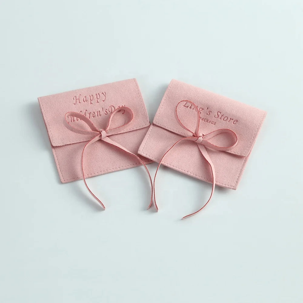 8x8cm Pink Custom Logo Suede Microfiber Luxury Lightweight Jewelry Gift Packaging Pouch with Rope Small MOQ 100