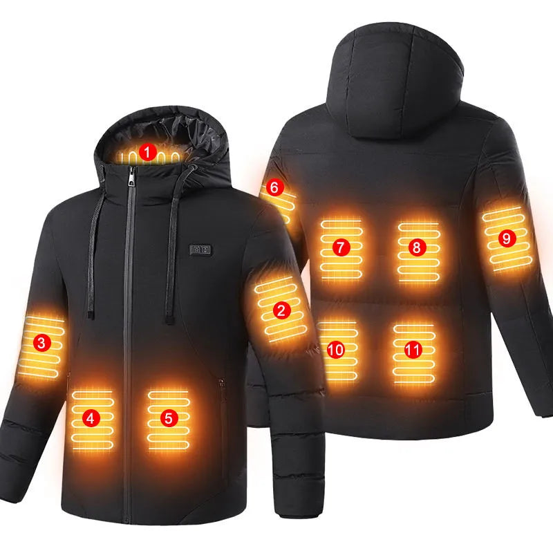 OEM Heated Jacket Waterproof Windproof Polyester Electric Heated Coat 4/9/11 Heating Zones Rechargeable Body Warmer Men Women