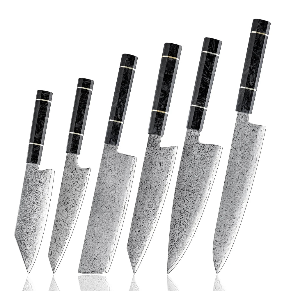 Grandsharp Damascus Carbon Stainless Steel 6Pcs Kitchen Knife Set Chef Utility Santoku Nakiri Knife with Carbon Fiber Handle