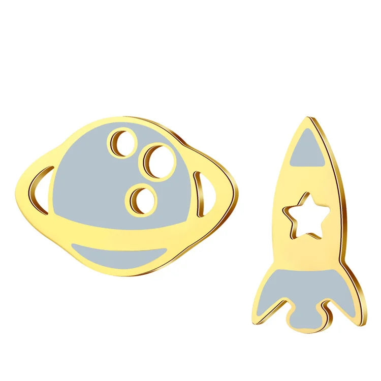 Wholesale Gold Plated Space Ship Earring Stainless Steel Cartoon Enamel Stud Earring