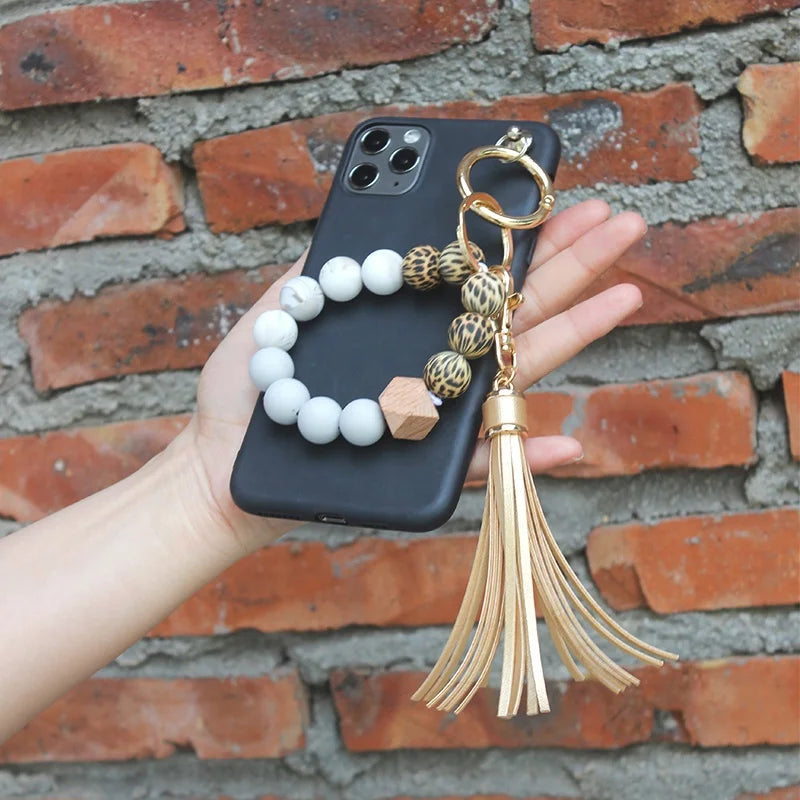 Hot Sell Leopard Silicone Key Chain Bangle Silicone Wooden Beads Mommy Bracelets