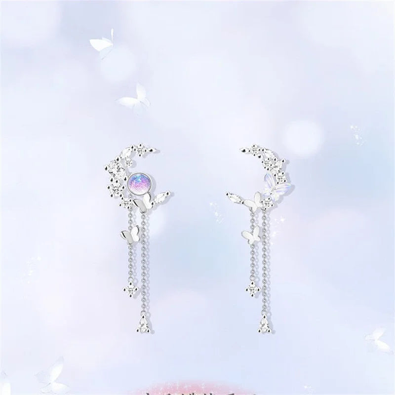 Delicate Small Cute Zircon Moon Tassel Butterfly Stud Earrings Women Korean Fashion Asymmetric Flower Earring Girl Party Jewelry