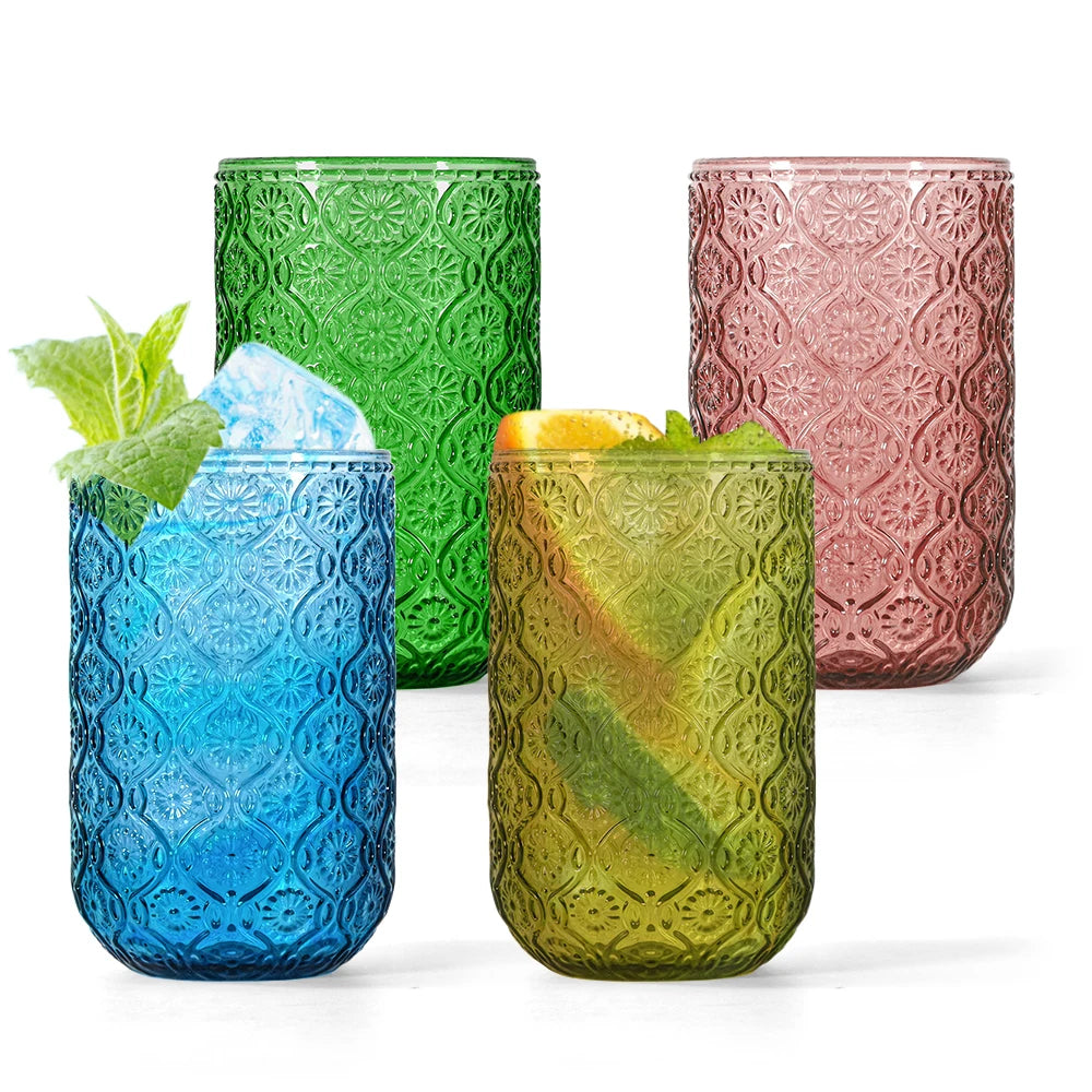400 ml Wide Mouth Portable Vintage Embossed Crabapple Flower Drinking Glass Cups for Bar Hotel Travel Wedding Present Gift Set