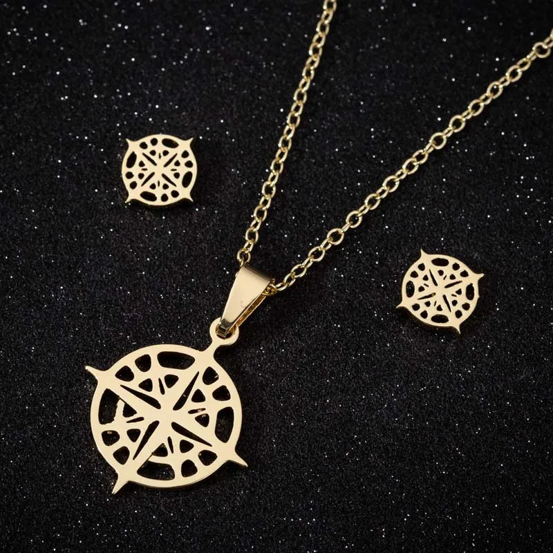 Wholesale 18K Gold Silver Stainless Steel Necklace Earring Compass Pendant Jewelry Set for Women