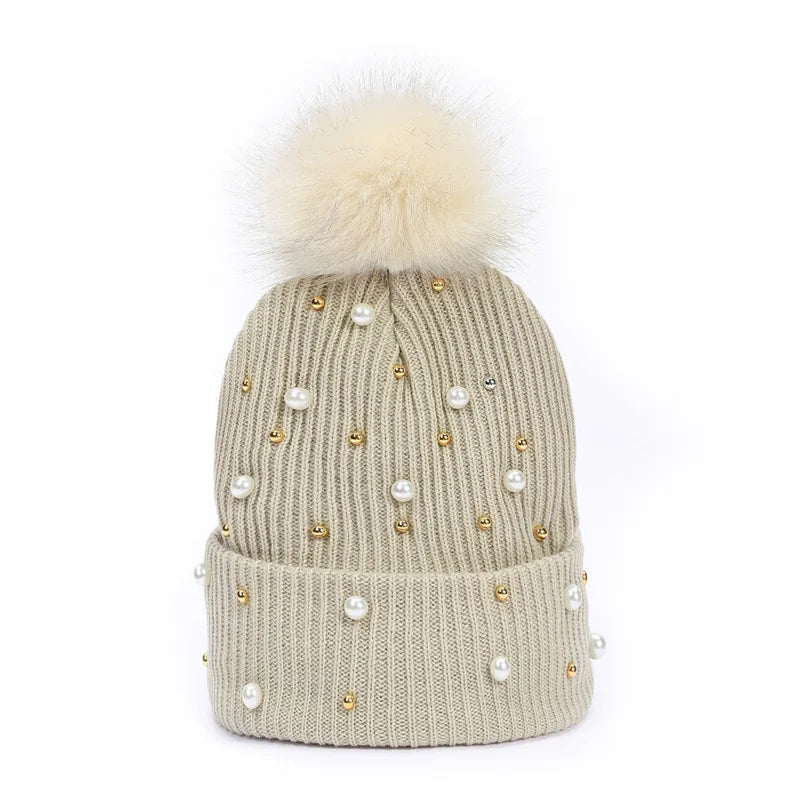 Low MOQ Fur Pom Pom Ball Pearl Knitted Women Hats Knitted Beanie