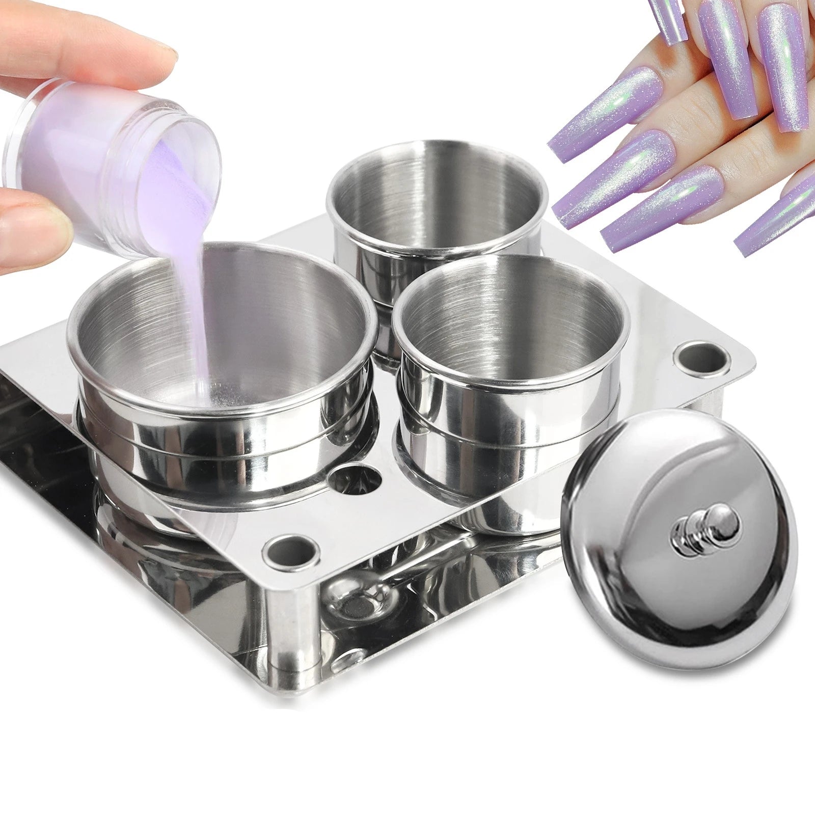 Stainless Steel Nail Acrylic Powder Dipping Cup Kit Container Nail Cleaning Brush Container Manicure Stainless Steel Cup 3pcs