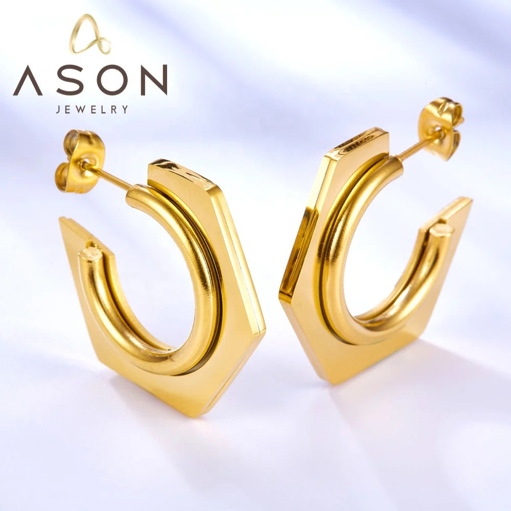 Ason Designer Minimalist Design 18k Gold Plated Stainless Steel Hoop Earrings Statement C-shaped Earrings for Women Girls