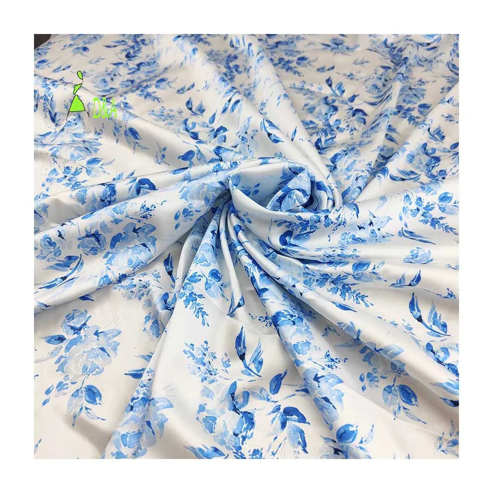 Blue Floral Printed Eco-Friendly 100% Polyester Satin Fabric Soft for Dresses Garments Sleepwear & Accessories for Girls