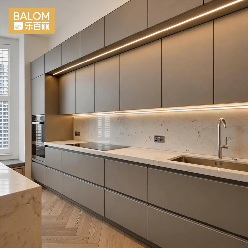 Modern Minimalist Matte Grey Handleless Luxury Custom LED Lighting Flat Panel Modular Home Furniture Kitchen Cabinets