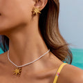 J&D Popular Ocean Design 18K Gold Stainless Steel White Beaded Pearl Chain Smiling Sun Pendant Necklaces