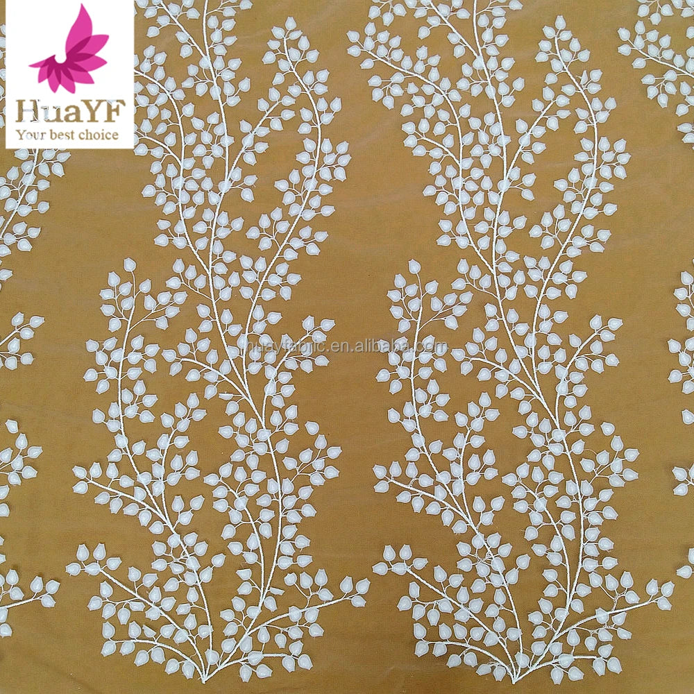 HY3020-1 New Design Leaf Shape Tulle Sequins Lace Beaded Fabrics With Pearls for Women Wedding Dress