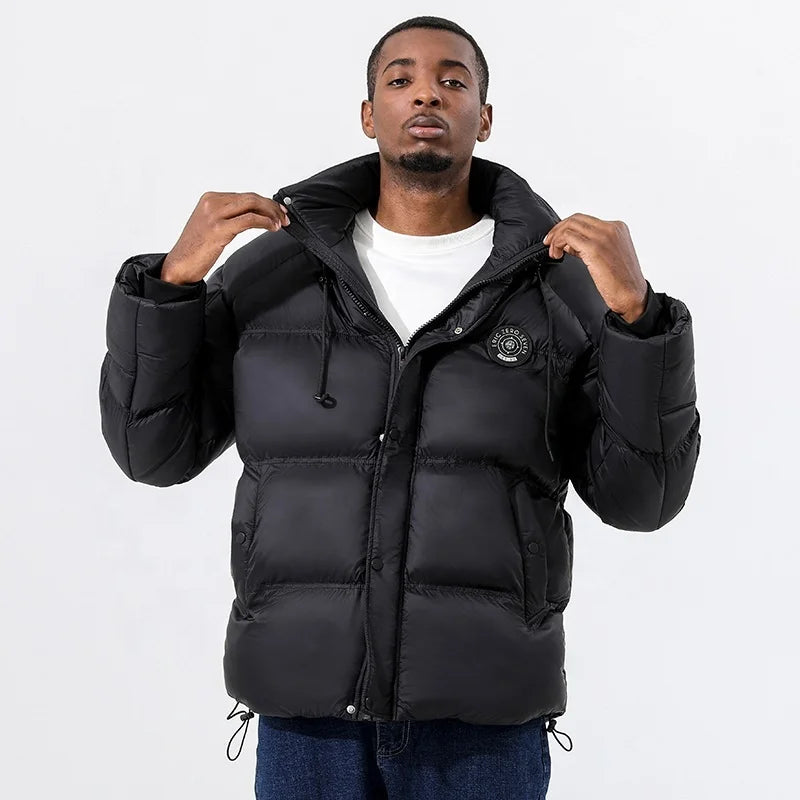 Men's Waterproof Breathable Windproof Hooded Quilted Puffer Jacket Stand Collar Winter Bubble Padded Black Nylon Outdoor Custom