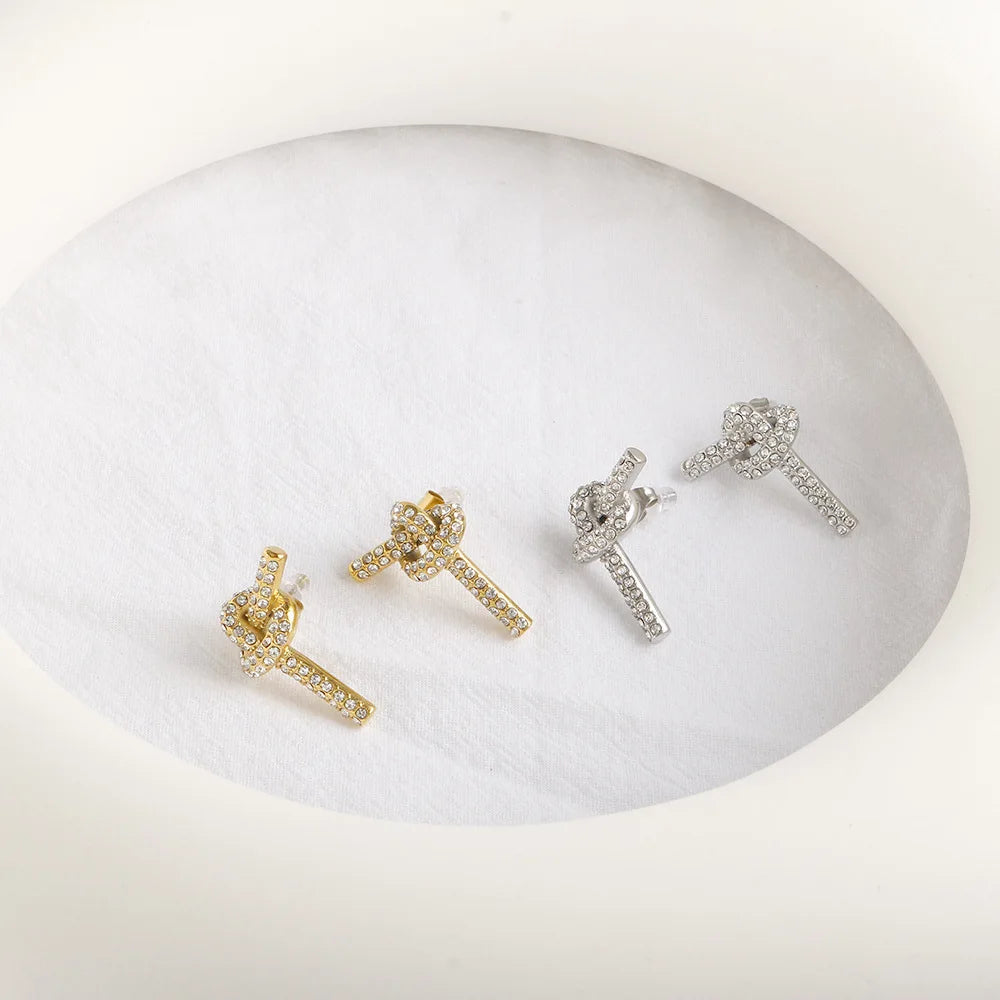 Waterproof Stainless Steel Stud 18 K Gold Plated Bow Bowknot Earring Full Crystal Stone Love Knot Stud Earrings for Women