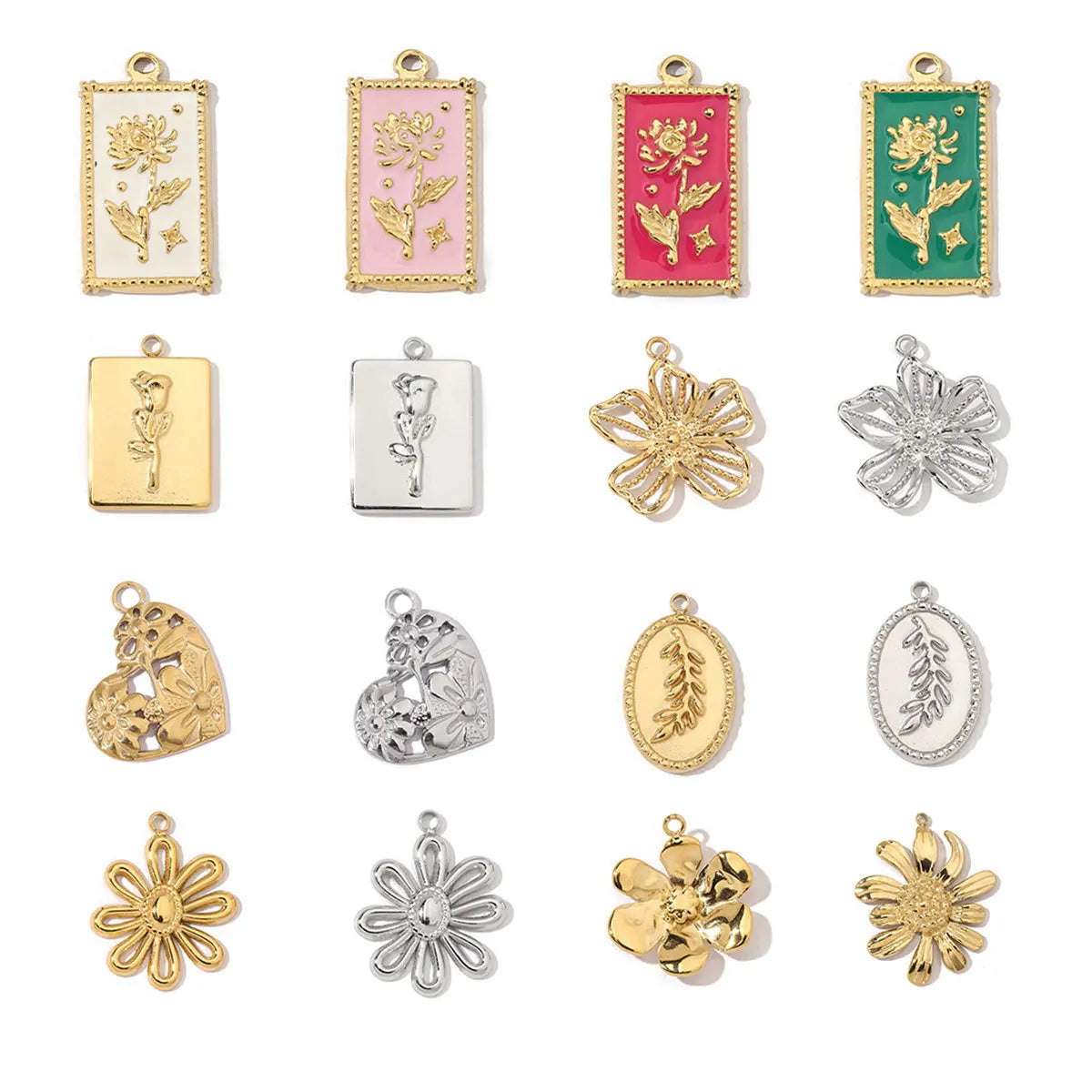 Beimai OEM Accessories Geometric Square Drop Oil Flower Necklace Pendant Heart Stainless Steel DIY Jewelry Earrings Accessories