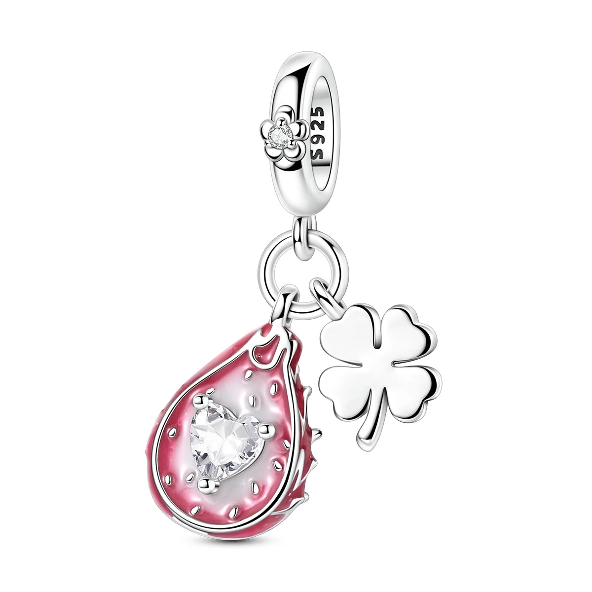 Silver Pitaya Dragon Fruit Four-Leaf Clover Charm Pendant with Zircon Fashion Jewelry for Children Women's Party Gift