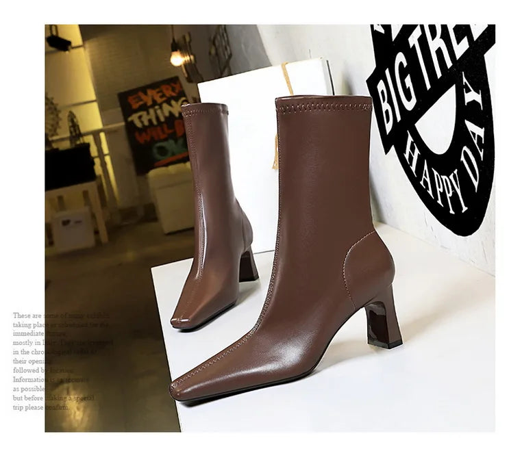 Fashion Designer PU Leather Boots Mid Heel 6 cm Square Heel Short Ankle Boots Comfortable Slip-on Women High Heels Shoes