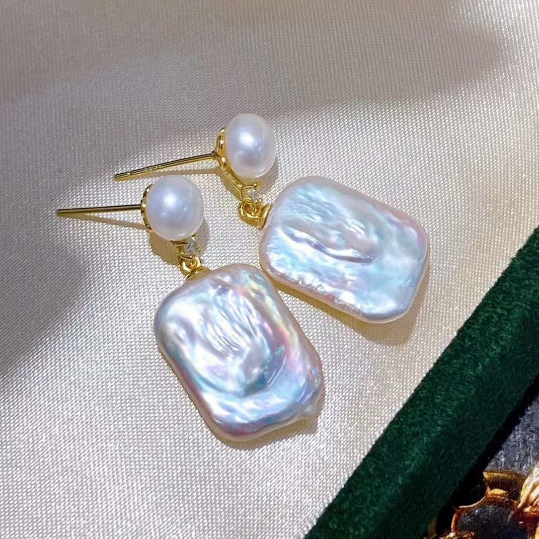 Artistic Baroque Square Double Pearl Earrings 925 Sterling Silver Gold Freshwater Natural Square Baroque Pearls for Parties