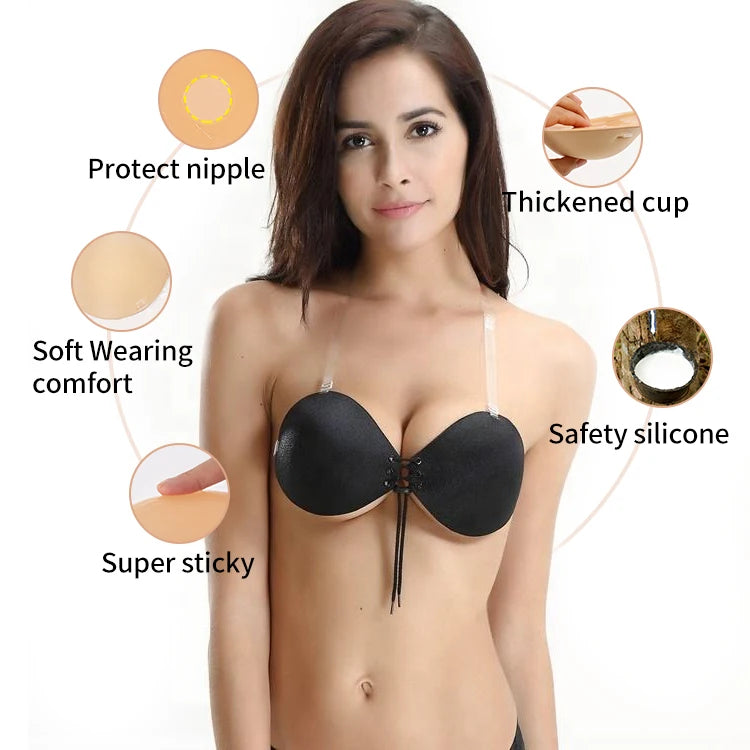 Thai Women's Sexy New Sticky Bra Hot Sale Backless Invisible Padded Cup Full Cup with Air Weight Push-Up Seamless Gathering Bra