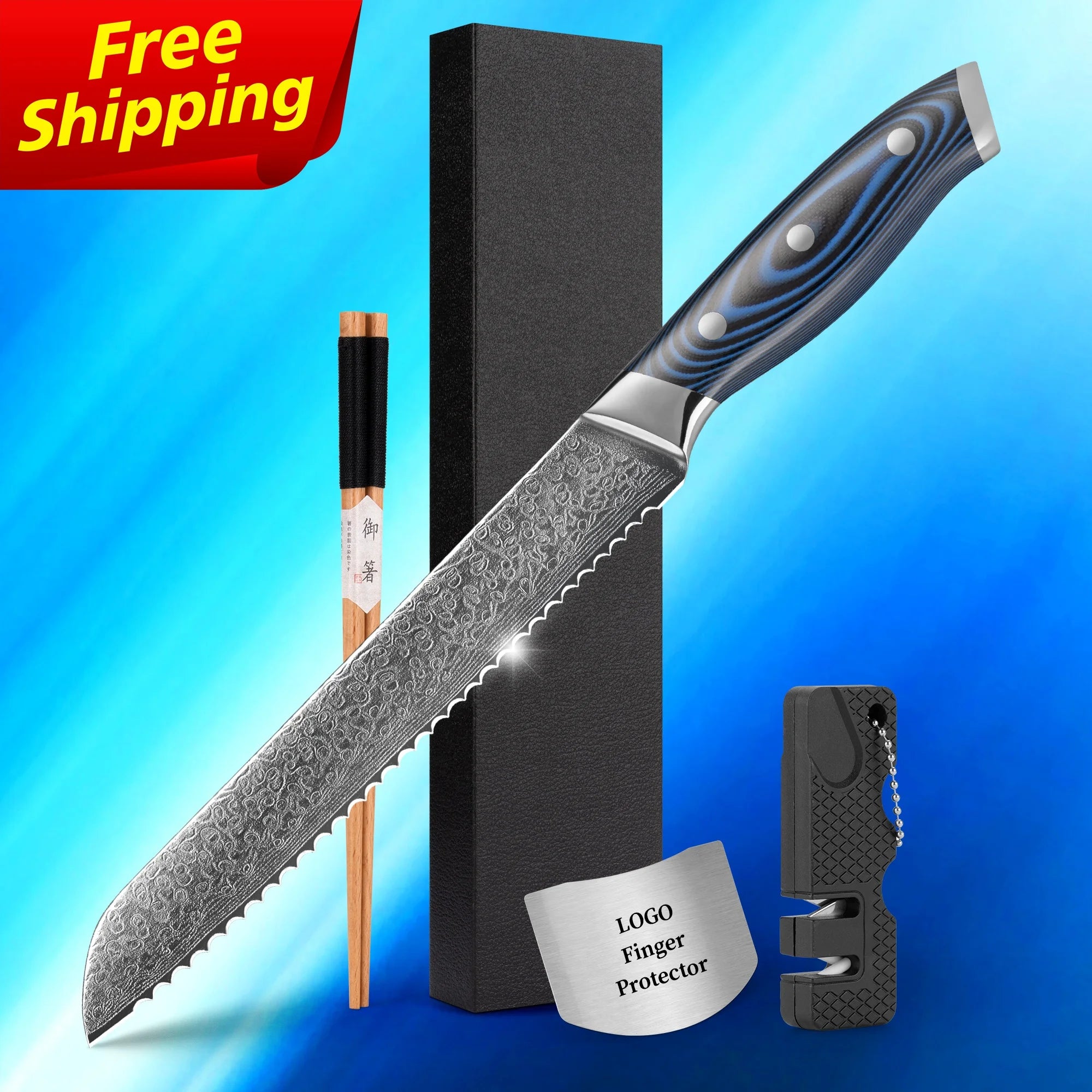 Free Shipping 8 Inch Damascus Steel Kitchen Chef Bread Slice Utility Paring Knives With Blue G10 Mosaic Pin Handle Free logo