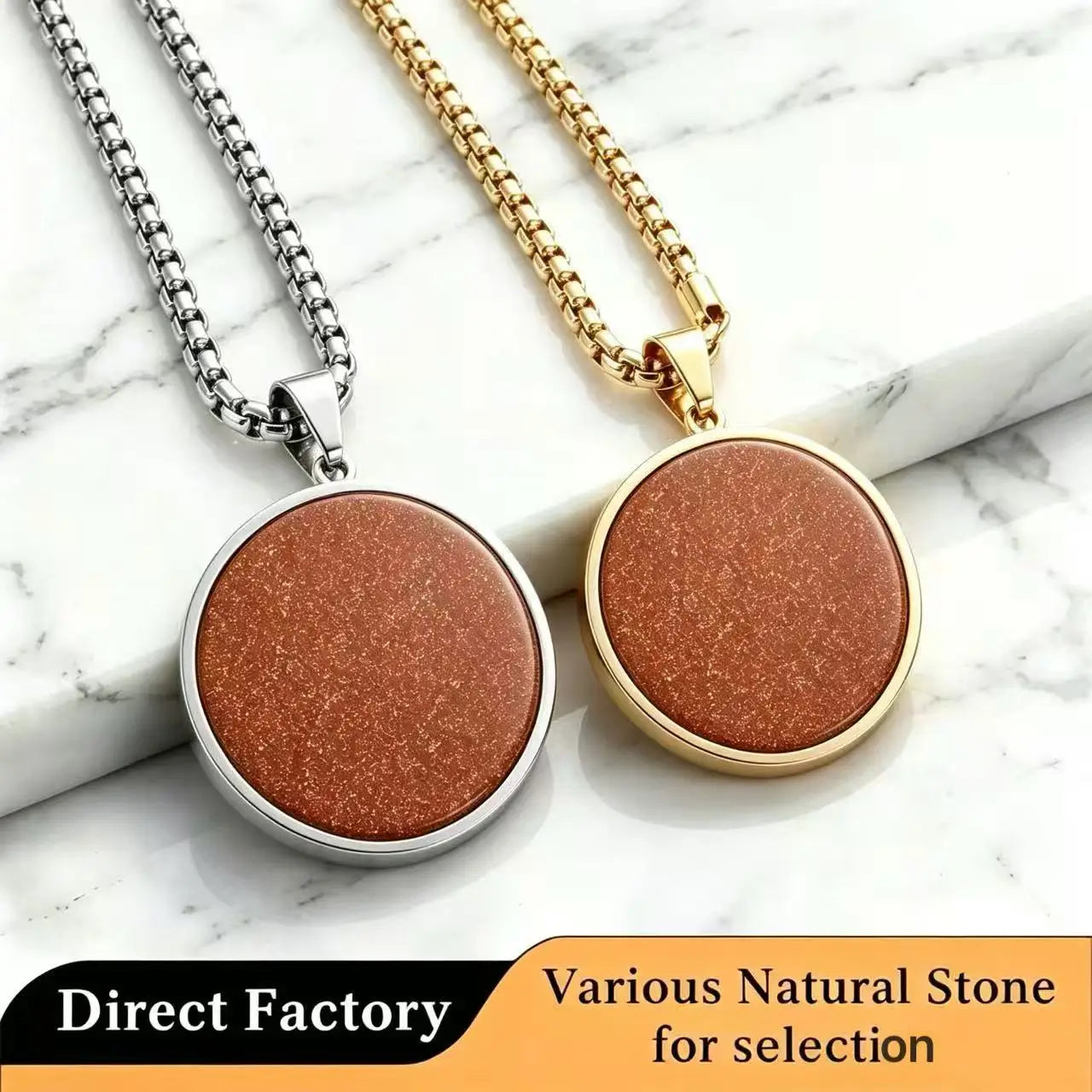 Custom Men's Stainless Steel Goldstone Pendant High Polished Round Gemstone Necklace Tarnish Resistant Box Chain OEM Supported