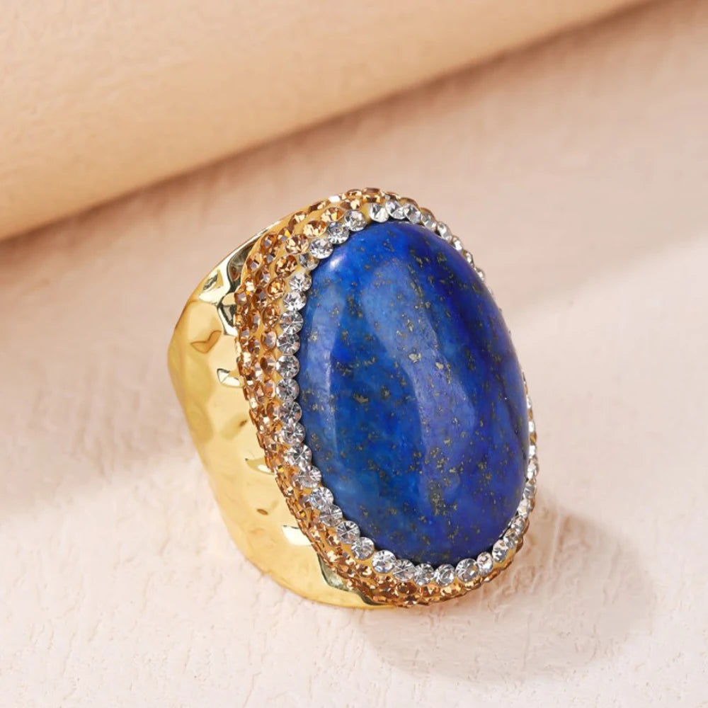 Women's Adjustable Natural Stone Ring with Lapis Lazuli Malachite Oval Pearl Rhinestone CNAS Certified