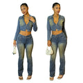 Autumn Women Denim Clothing Long Sleeve Stand Collar Crop Top Jacket Mid Waist Jean Pants Women Casual Two Pieces Set