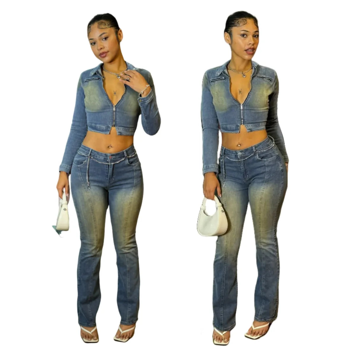 Autumn Women Denim Clothing Long Sleeve Stand Collar Crop Top Jacket Mid Waist Jean Pants Women Casual Two Pieces Set