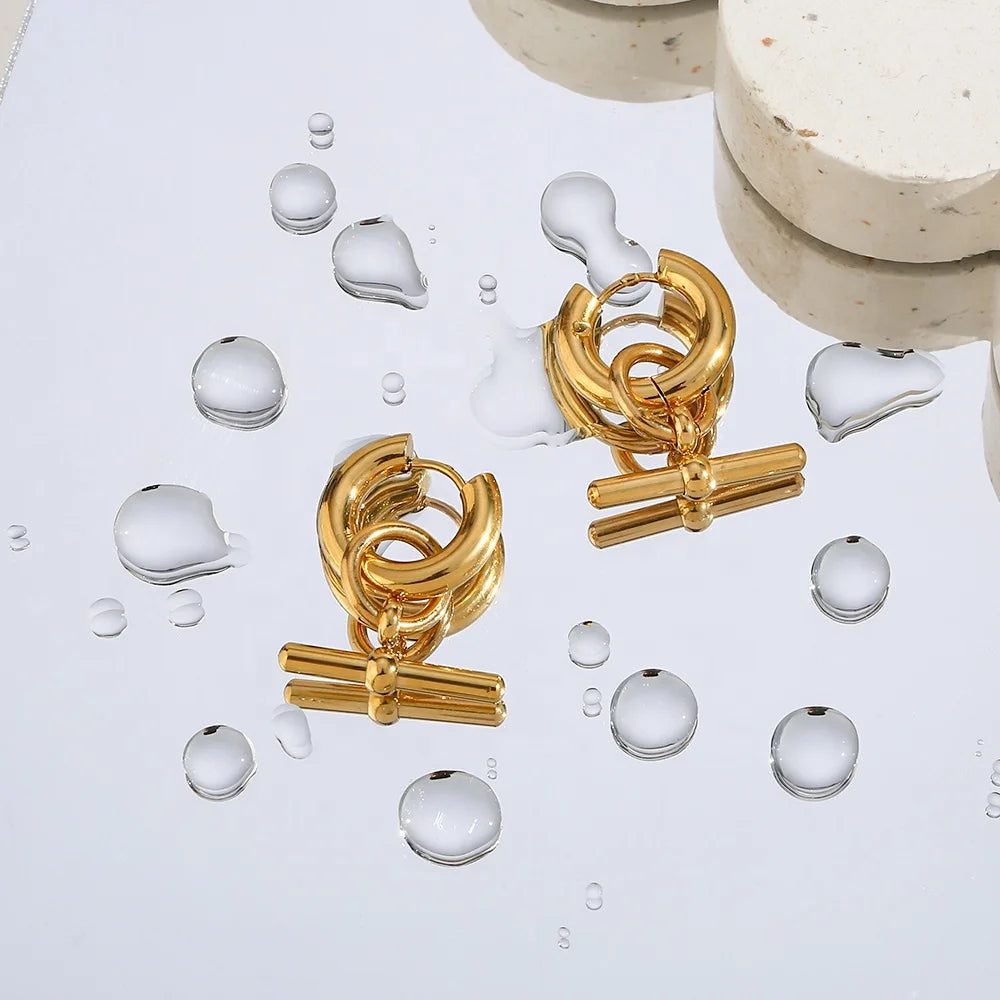 Trendy Chic 18K Gold PVD Plated Stick Hoop Earrings Tarnish Free Stainless Steel Earrings for Women