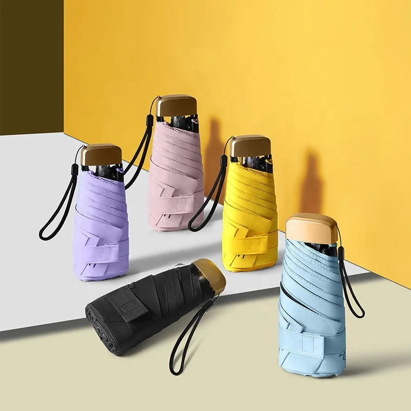 Pocket Umbrella Gold Handle Portable UV Protection 5 Folding Travel Carton Plastic Mobile Phone Umbrella Business Gifts Manual