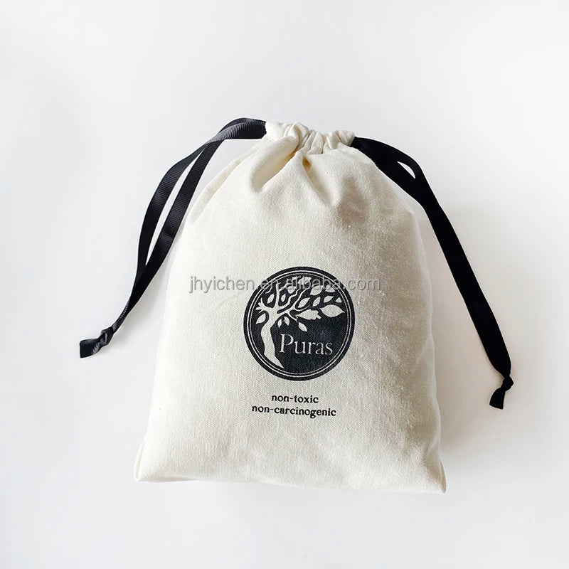 Custom Logo Printed Beige Cotton Canvas Candle Packaging Pouch Eco Friendly Drawstring Bag for Gift