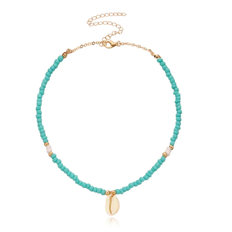 Wholesale Zinc Alloy Gold Plated Turquoise Color Rice Beads Short Necklaces Shell Charm Bohemian Summer Beach Handmade Dainty