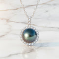 Unique Fine Jewelry Woman Engagement Tahitian Sparkling Natural Seawater Black Pearl Halo Necklace Pendant