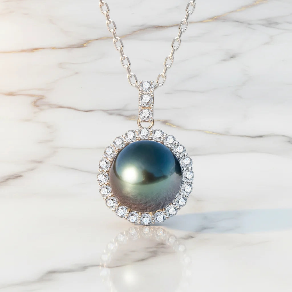 Unique Fine Jewelry Woman Engagement Tahitian Sparkling Natural Seawater Black Pearl Halo Necklace Pendant