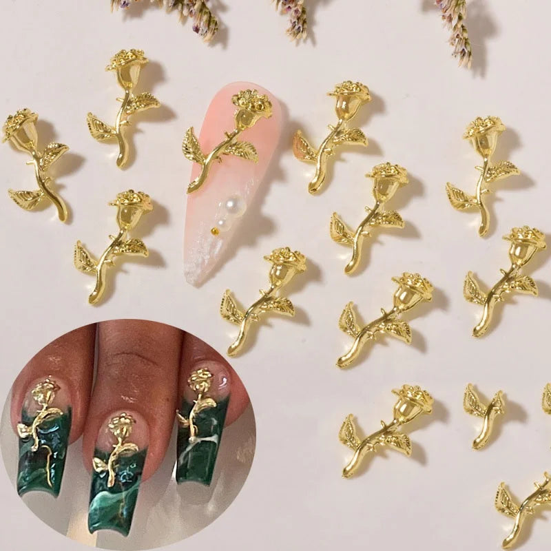 10Pcs/Bag Luxury Metal Nail Jewelry Three-Dimensional Gold Silver Nail Accessories Rose Flower 3D Nail Charms